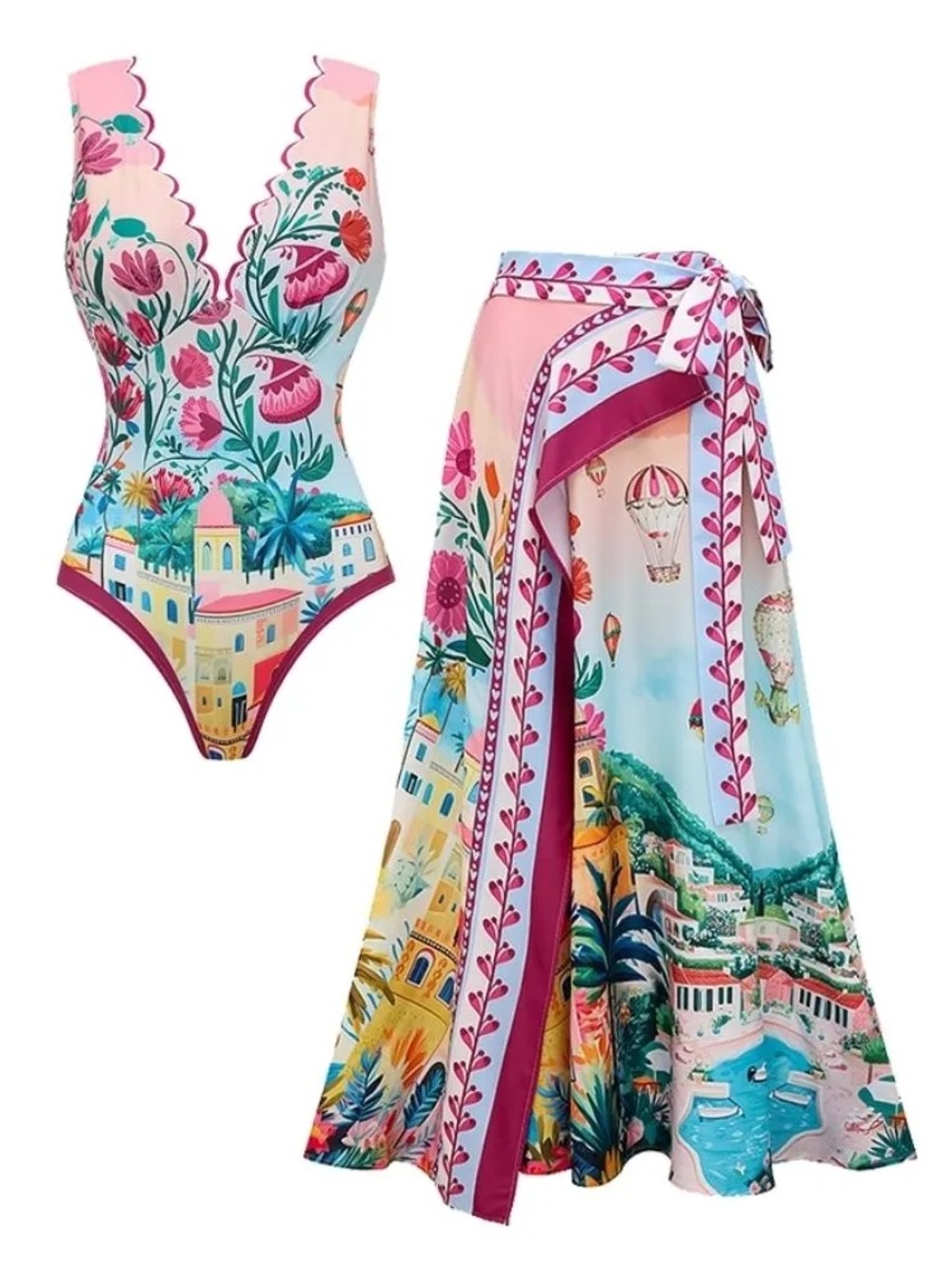 Women’s Pink Scenic Print One-Piece Swimsuit with Coverup Skirt Sarong